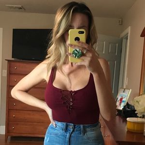 Maroon Lace-Up Bodysuit